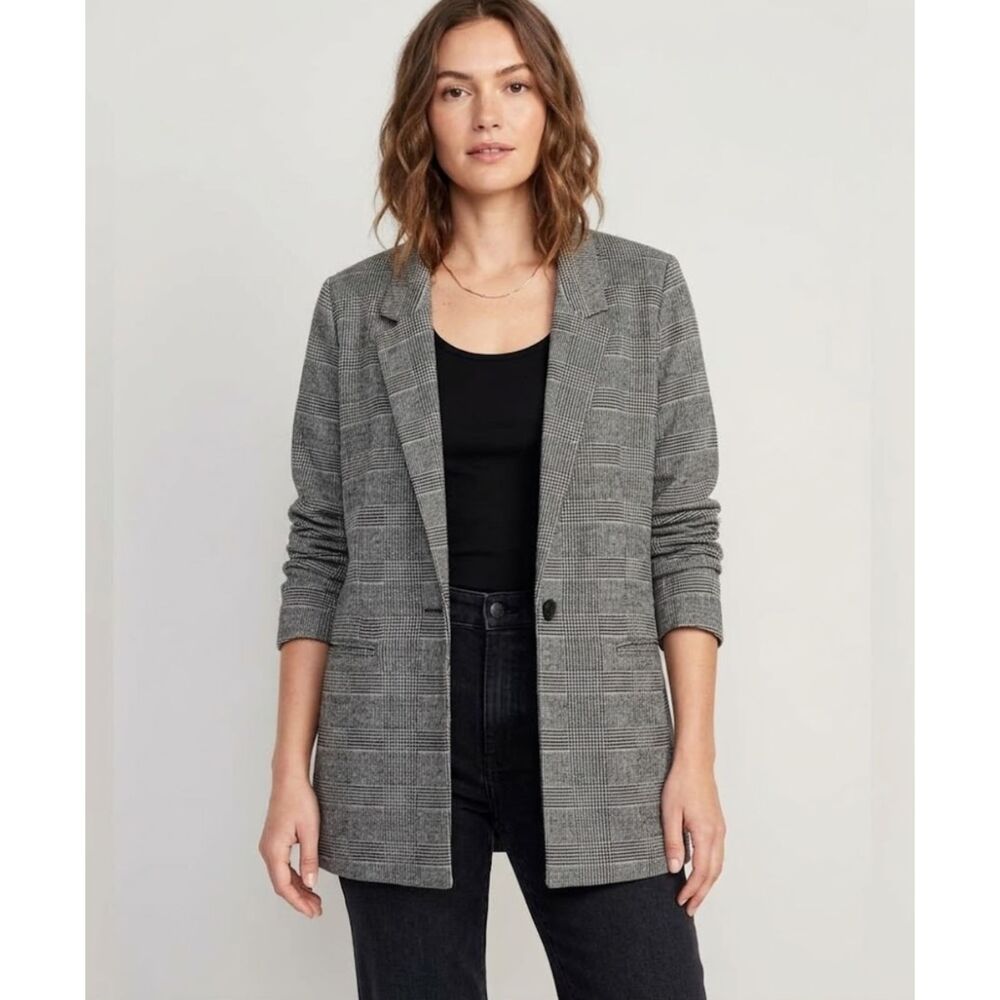 Old Navy Jacquard Boyfriend Blazer One Button Plaid Women's Size Medium